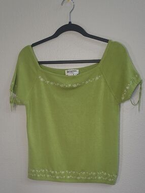 Holt Renfrew Bright Green Embroidered Short Sleeve Top Silk Med